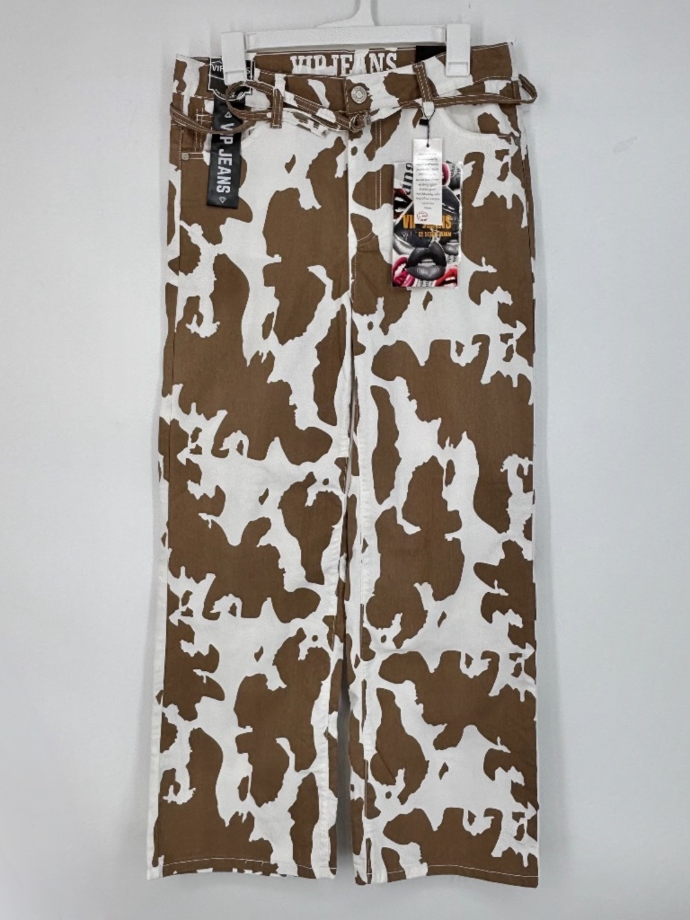 VIP Jeans Womens Size 13 14 Wide Leg Pants Brown Cow Print Five Pocket Belted